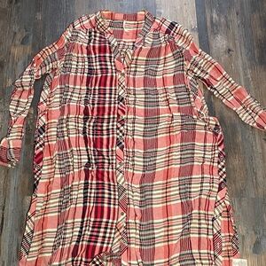 Free People red Plaid Button-Up Long Shirt dress